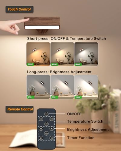 ooden Wall Sconce Battery Operated with Remote,Rechargeable Wall Lights for Bedroom with