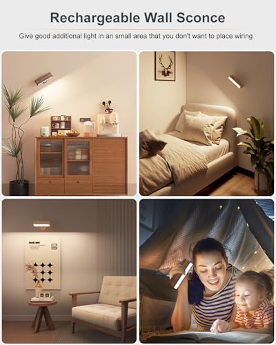 ooden Wall Sconce Battery Operated with Remote,Rechargeable Wall Lights for Bedroom with