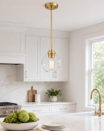 Brass Pendant Lights Kitchen Island 2 Pack, Farmhouse Gold Pendant Light with Clear Glass