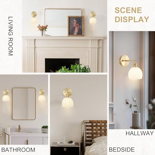 Wall Sconces Set of Two Hardwired, Vintage Sconce Light with Tulip Milk White Glass