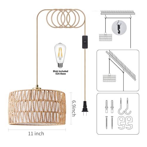 Plug in Pendant Light Rattan Hanging Lights with Plug in Cord