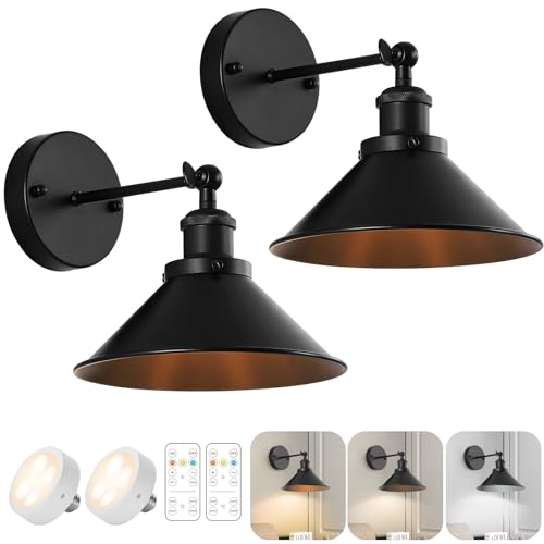 lack Vintage Wireless Battery Operated Wall Sconces, Industrial Cordless Battery Powered