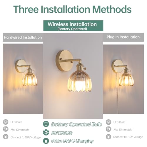 intage Battery Operated Wall Sconce with Amber Tulip Glass Lampshade Rechargeable Battery