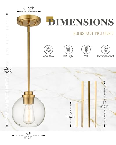 Brass Pendant Lights Kitchen Island 2 Pack, Farmhouse Gold Pendant Light with Clear Glass