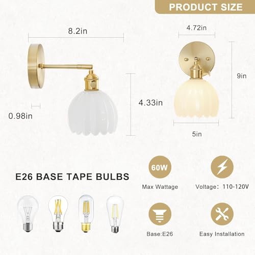 Wall Sconces Set of Two Hardwired, Vintage Sconce Light with Tulip Milk White Glass