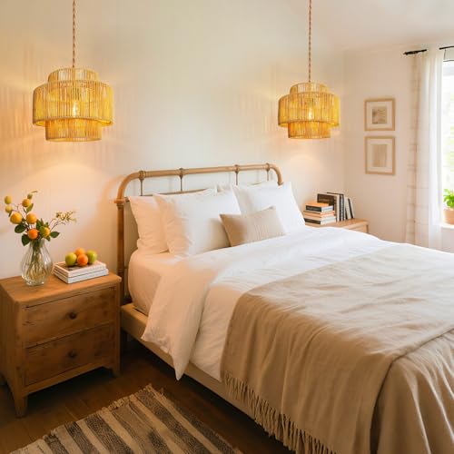 Hanging Light Ceiling Lamp Pendant Lights Rattan Hanging Lamp with Plug in Cord for