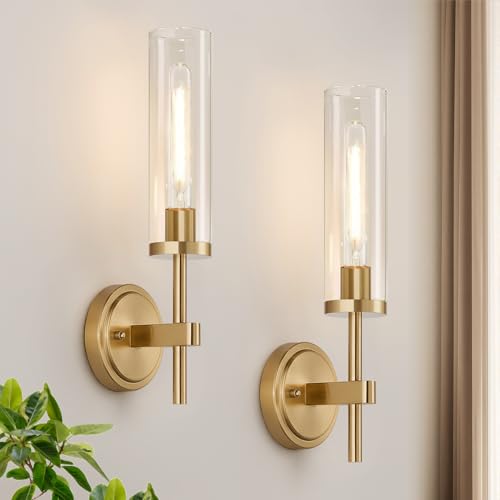 Hardwired] Wall Sconces Set of Two, Brushed Gold Bathroom Sconces Wall Decor Set of 2