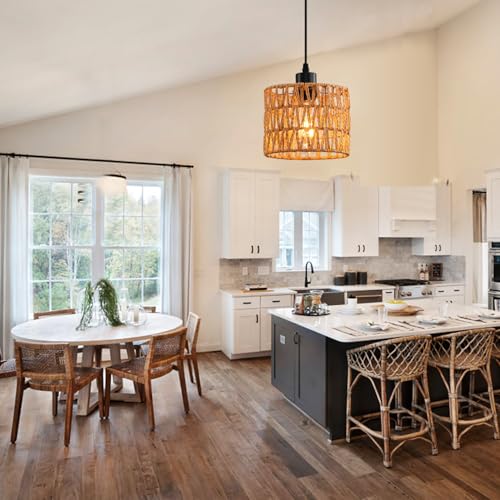 Woven Pendant Light Boho Chandelier, Rattan Pendant Lights Kitchen Island, Farmhouse