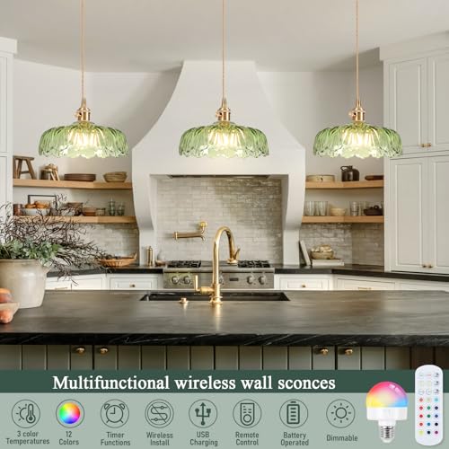 Battery Operated Pendant Light,Vintage Light Fixtures RGB Light Bulb 2500mAh 9.4in Green