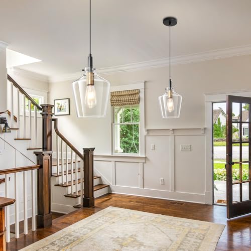 Glass Pendant Lighting for Kitchen Island 2 Pack Black Gold Clear 8 Inch
