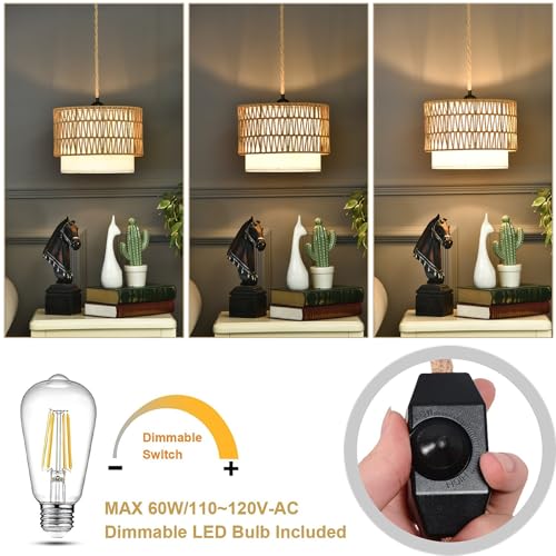 Boho Plug in Pendant Light Rattan Hanging Lights with Plug in Cord,Indoor Hanging Lamp