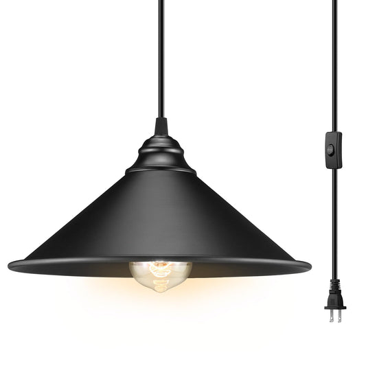 Black Plug in Pendant Light, Industrial Hanging Light with Plug in Cord