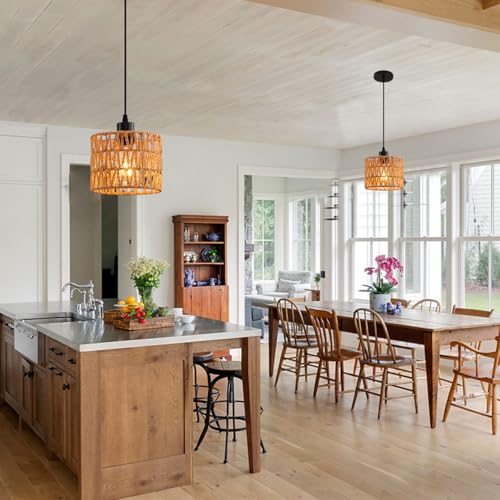 Woven Pendant Light Boho Chandelier, Rattan Pendant Lights Kitchen Island, Farmhouse