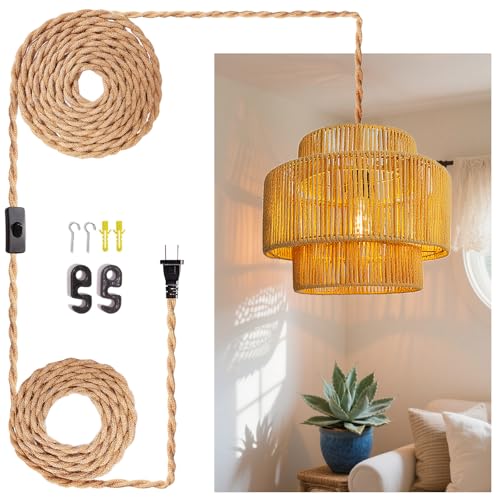 Hanging Light Ceiling Lamp Pendant Lights Rattan Hanging Lamp with Plug in Cord for