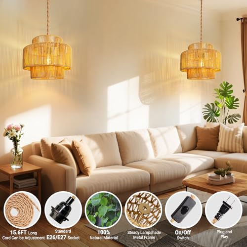 Hanging Light Ceiling Lamp Pendant Lights Rattan Hanging Lamp with Plug in Cord for