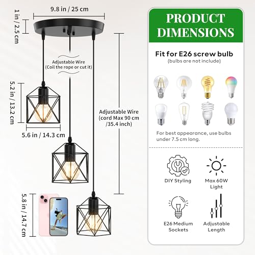 Phaosio 3 Light Pendant Lighting, Farmhouse Hanging Light Fixture
