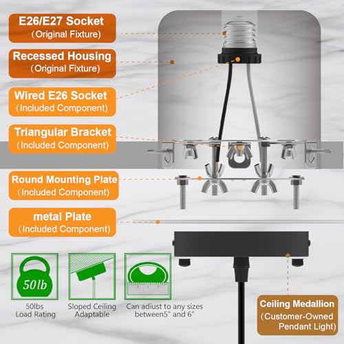 Recessed to Pendant Light Converter Kit 5 and 6 inch Can Light Conversion, Includes E26