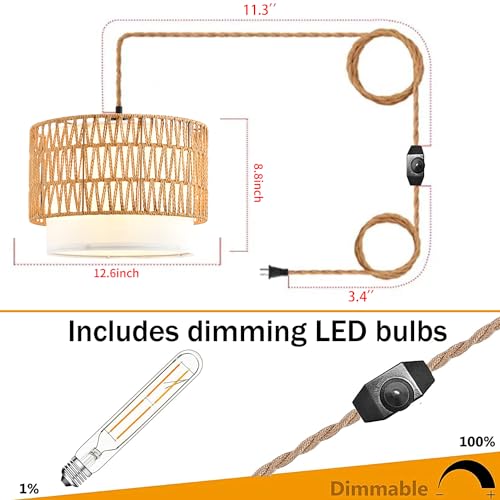 Boho Plug in Pendant Light Rattan Hanging Lights with Plug in Cord,Indoor Hanging Lamp