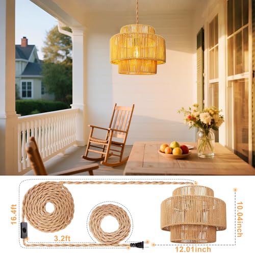 Hanging Light Ceiling Lamp Pendant Lights Rattan Hanging Lamp with Plug in Cord for