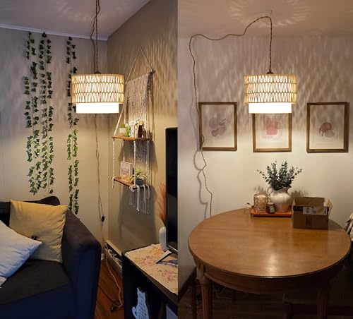 Boho Plug in Pendant Light Rattan Hanging Lights with Plug in Cord,Indoor Hanging Lamp