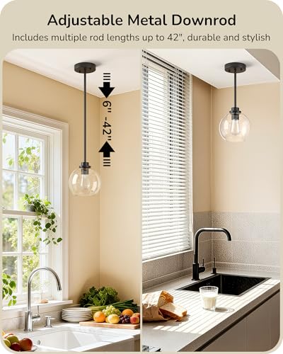 EDISHINE 2-Pack Pendant Light Kitchen Island Clear Glass Globe Black