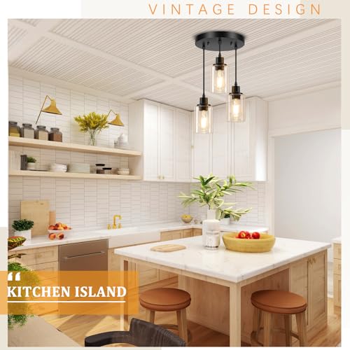 Licperron 3-Light Pendant Light Fixtures, Black Pendant Lights Kitchen Island, Adjustable