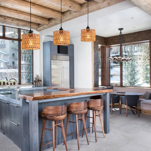 Woven Pendant Light Boho Chandelier, Rattan Pendant Lights Kitchen Island, Farmhouse