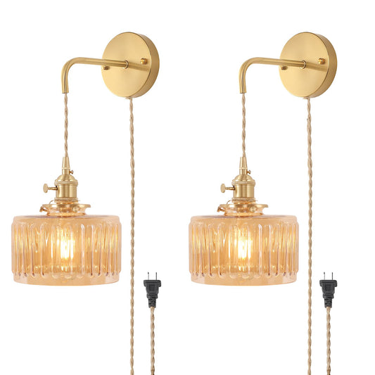 intage Wall Sconce with Amber Striped Glass Shade Hanging Wall Sconce with 4.9FT Plug in