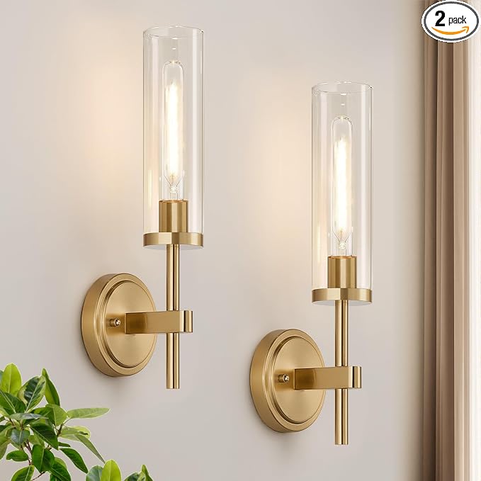 Hardwired] Wall Sconces Set of Two, Brushed Gold Bathroom Sconces Wall Decor Set of 2