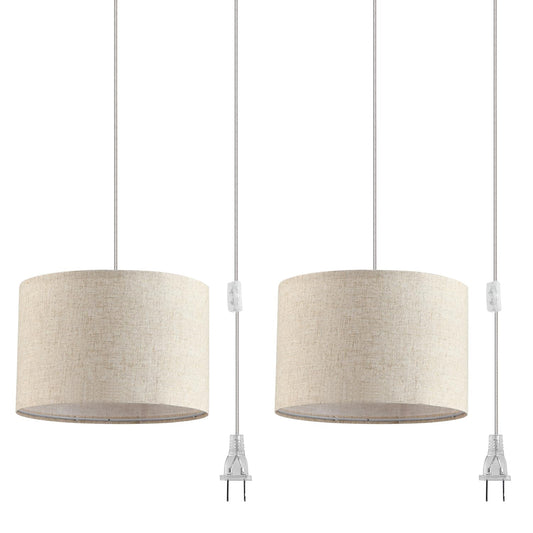 2 Pack Plug in Pendant Light, Hanging Light with 15Ft Clear Cord, On/Off Switch, Beige