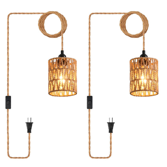 Plug in Pendant Light, Industrial Hanging Light with Plug in Cord Hemp Rope On/Off Switch