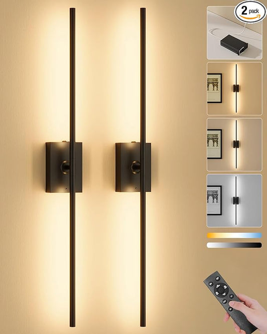 Battery Operated Wall Sconces Set of 2, Remote Control, 10000mAh, Black