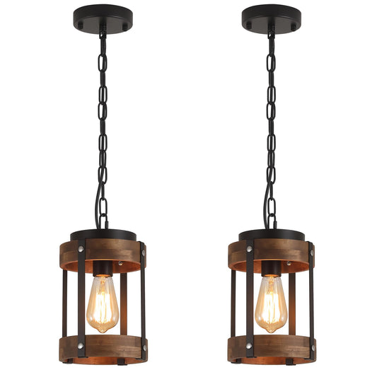 2 Pack Rustic Farmhouse Wood Pendant Light Fixture One-Light Adjustable Chain Oak Wood