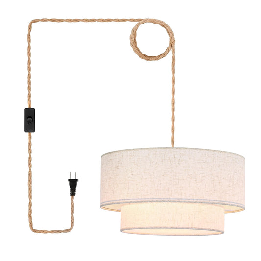 Plug in Pendant Light, 2-Tier Drum Linen Pendant Lights with 15.7FT Handmade Woven Light