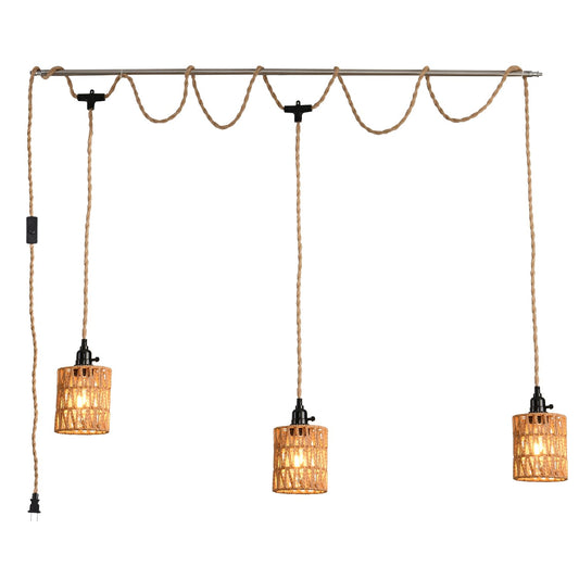3-Light Hanging Light with Plug in Cord,Plug in Pendant Light 22ft Hemp Rope Pendant