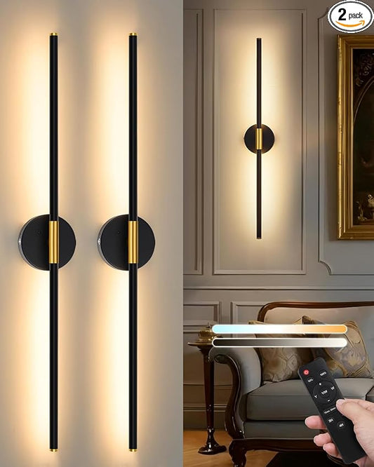 24" Battery Operated Wall Sconce Set of 2, 350° Rotating Lamp, Black Gold
