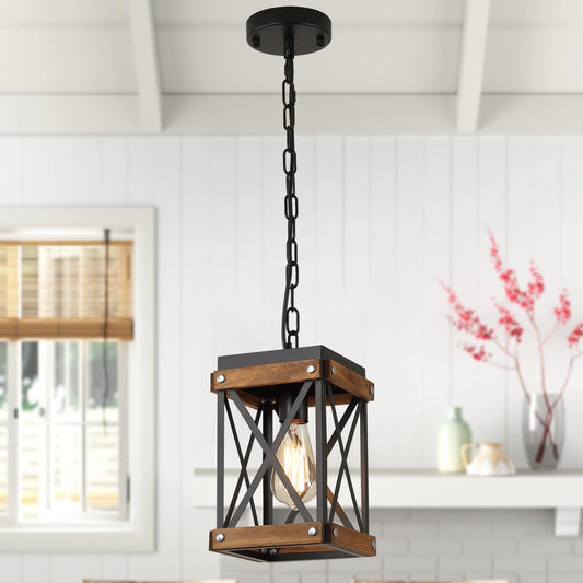 Rustic Farmhouse Wood Pendant Light Fixture One-Light Adjustable Chain Oak Wood and Metal