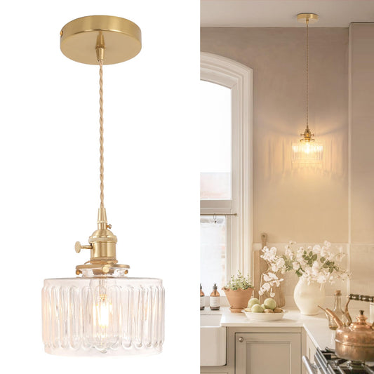 Shenmoyl Pendant Light with Clear Striped Glass Lmapshade, Brass Vintage Pendant Light