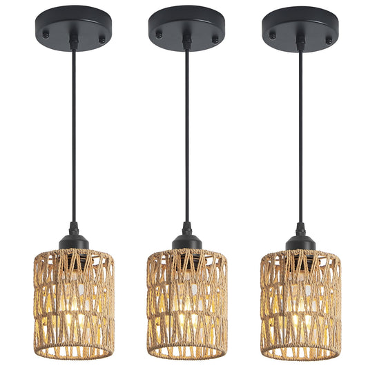 3 Pack Boho Rattan Pendant Lights for Kitchen Island Round Shade