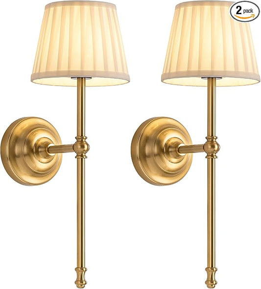 old Cordless Wall Sconces Set of 2, Beige Fabric LED Wall Lamps
