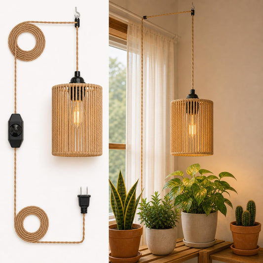 Rattan Pendant Light Plug in - Dimmable Vintage Pleated Hanging Lamp 15FT Hemp Rope Cord