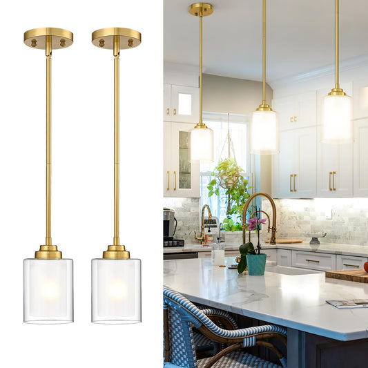 TENGXIN 2 Pack Brushed Gold Pendant Lights Kitchen Island, Dual Glass Shade