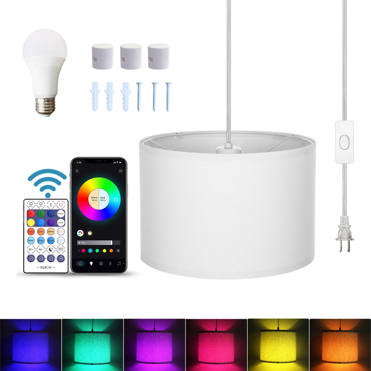 ZSLAIFU 15FT Plug in Pendant Light, Hanging lamp with Switch,White Hanging Lights with