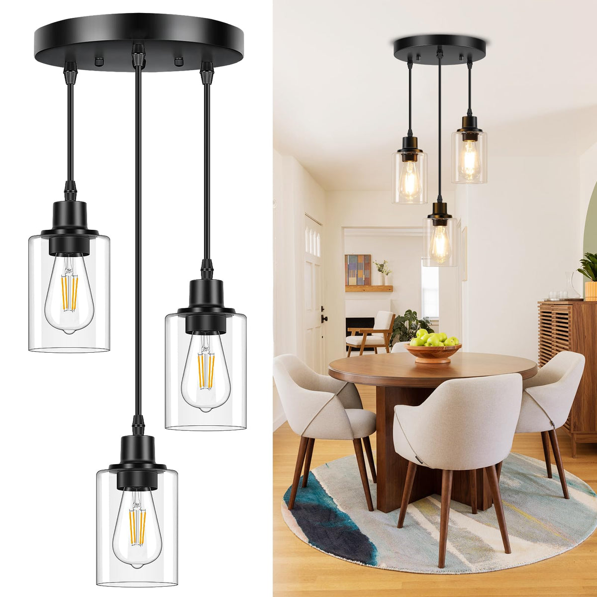 Licperron 3-Light Pendant Light Fixtures, Black Pendant Lights Kitchen Island, Adjustable