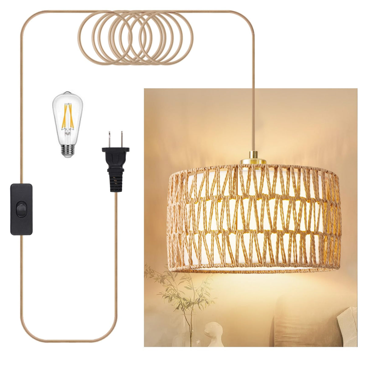 Plug in Pendant Light Rattan Hanging Lights with Plug in Cord