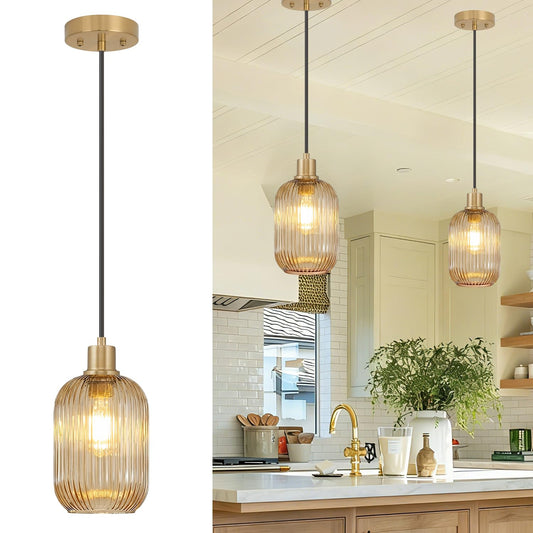 2 Pack Amber Cylinder Pendant Lights Kitchen Island with Ribbed Lampshade, Brushed Gold