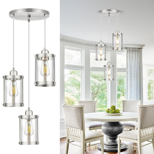 Brushed Nickel 3-Light Cluster Pendant Chandelier Light, Clear Glass