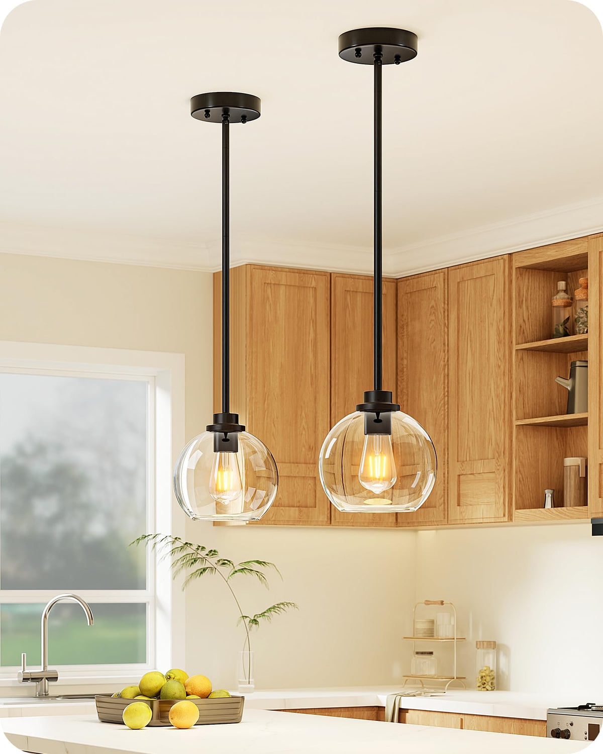 EDISHINE 2-Pack Pendant Light Kitchen Island Clear Glass Globe Black