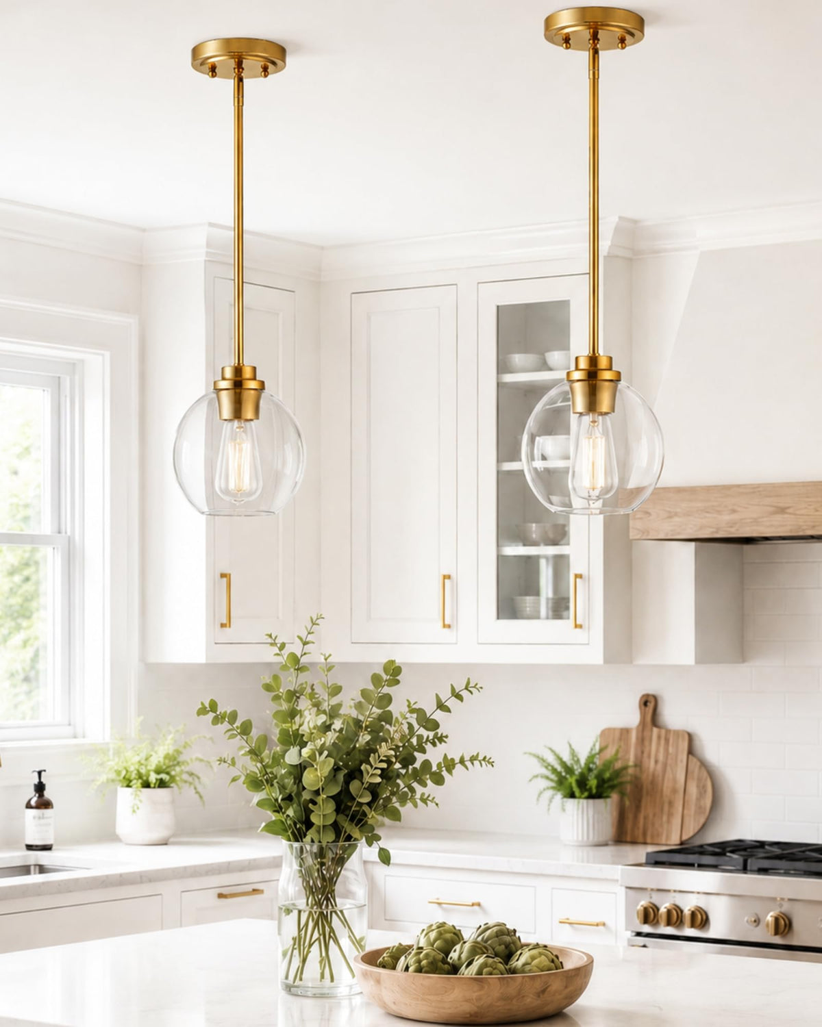 Brass Pendant Lights Kitchen Island 2 Pack, Farmhouse Gold Pendant Light with Clear Glass