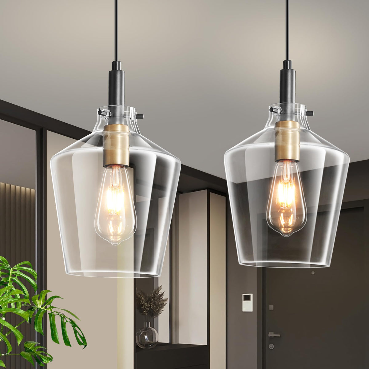 Glass Pendant Lighting for Kitchen Island 2 Pack Black Gold Clear 8 Inch